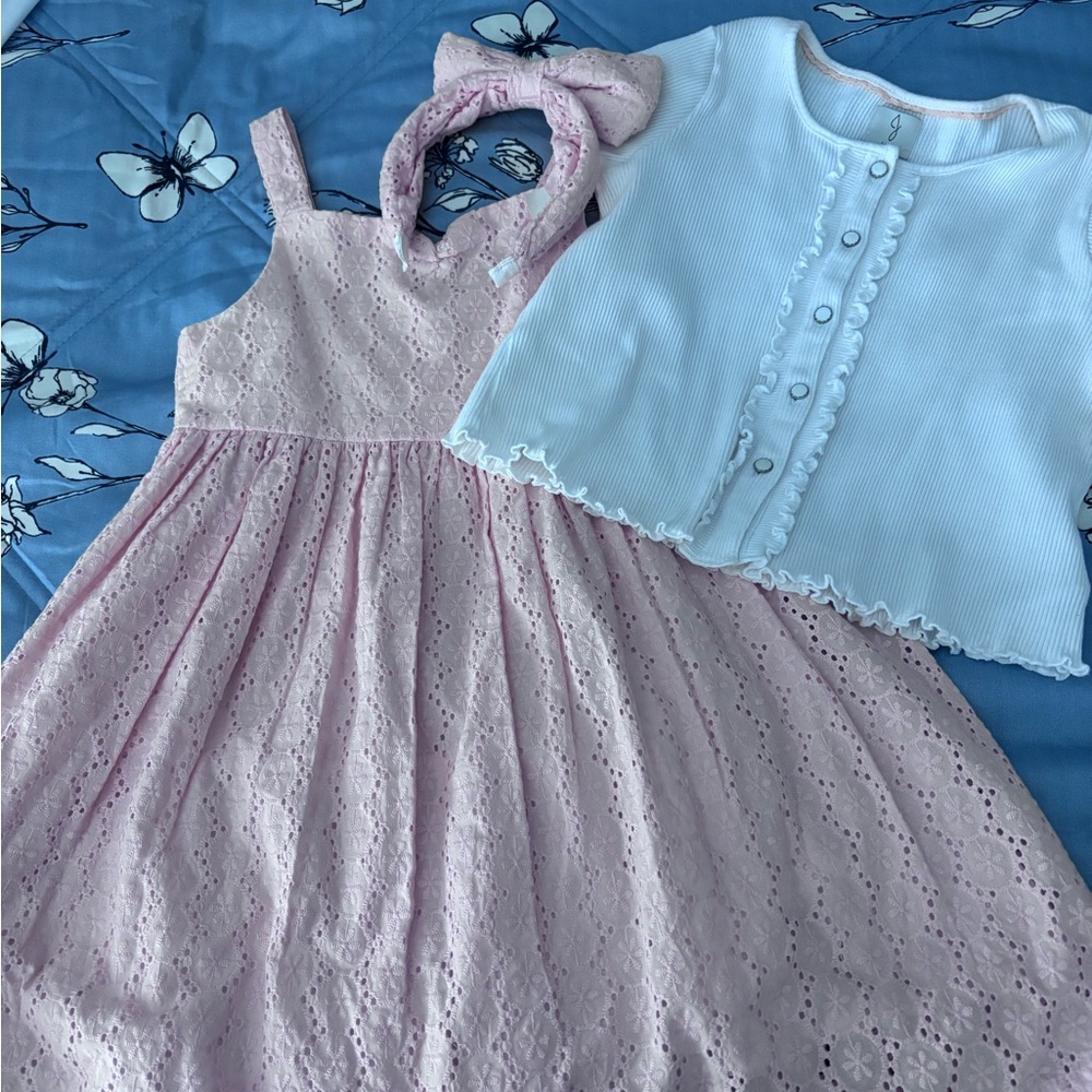 Pink Lace Kids Dress with Blue Cardigan